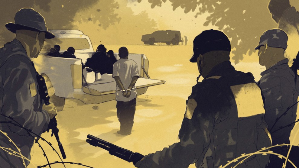 A digital illustration depicts a tense scene with several armed law enforcement officers surrounding a group of detained individuals. The detainees, with their hands bound behind their backs, are being loaded into the back of a truck under the watchful eyes of the officers. The background is shaded in a muted yellow tone, with silhouettes of more vehicles and personnel visible in the distance. Barbed wire is seen in the foreground.