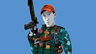 Illustrated portrait of Lucas Botkin, wielding a large firearm, dressed in a flak vest that is filled with religious paraphernalia.