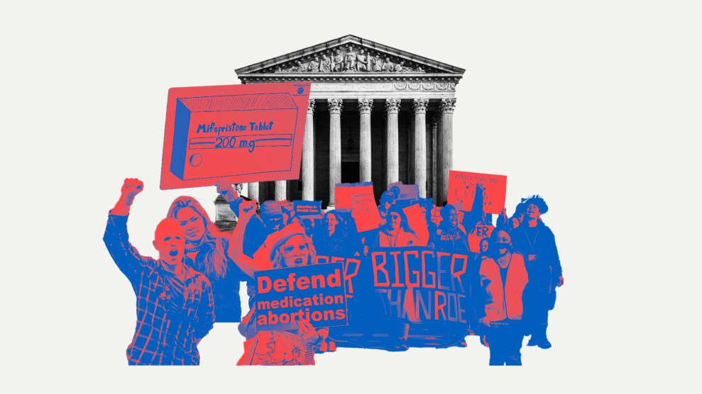 A collage of people protesting outside the Supreme Court entrance for reproductive rights, including the use of mifepristone.