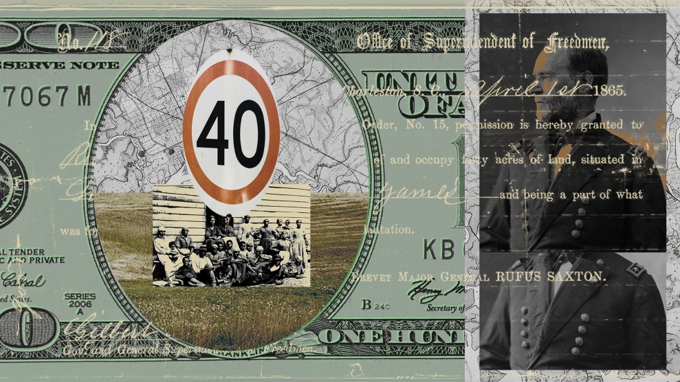 A collage illustration that sits a portrait of William T. Sherman atop an age-worn map. To his left is a disproportionally huge modern-day United States $100 bill. At the center of the bill is a photo of formerly enslaved people with an oval sign above their head that reads “40.” Their photo sits on top of the aged map and a grass field. Layered atop it all is the scribble of Sherman’s Special Field Orders, No. 15.