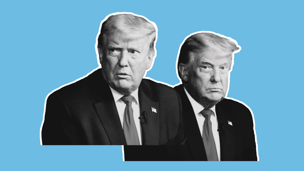 A silhouetted pairing of two images of Donald Trump. In the image on the left, he looks perturbed. In the image on the right, he looks nonplused.