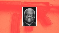 A photo collage that features a portrait of Clarence Thomas at the center. In his picture, he appears to eye the AR-15 rifle with a 30 round magazine, which lays behind him in the background image.
