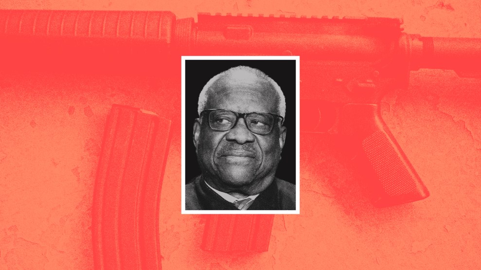 A photo collage that features a portrait of Clarence Thomas at the center. In his picture, he appears to eye the AR-15 rifle with a 30 round magazine, which lays behind him in the background image.