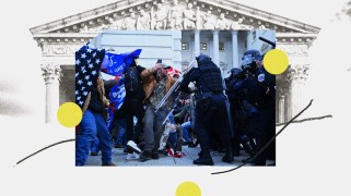 A collage that centers rioters clashing with police on the steps of the US Capitol Building on Jan. 6, 2021. The image includes circles and scribbles interacting with the image, as they overlay a faded image of the facade of the US Supreme Court Building.
