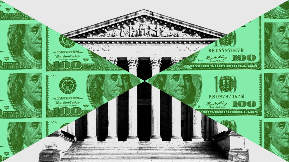 A collage of the United States Supreme Court Building with two neon green triangles layered over it. Inside the triangles are multiple hundred dollar bills featuring the image of Benjamin Franklin.