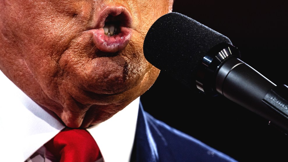 A closely cropped image of Donald Trump's mouth as he speaks into a microphone.