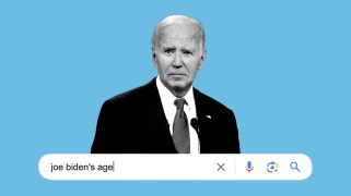 A cut-out photo of President Joe Biden is displayed against a blue background. Below the photo, there is a search bar with the text 'joe biden's age' typed in.