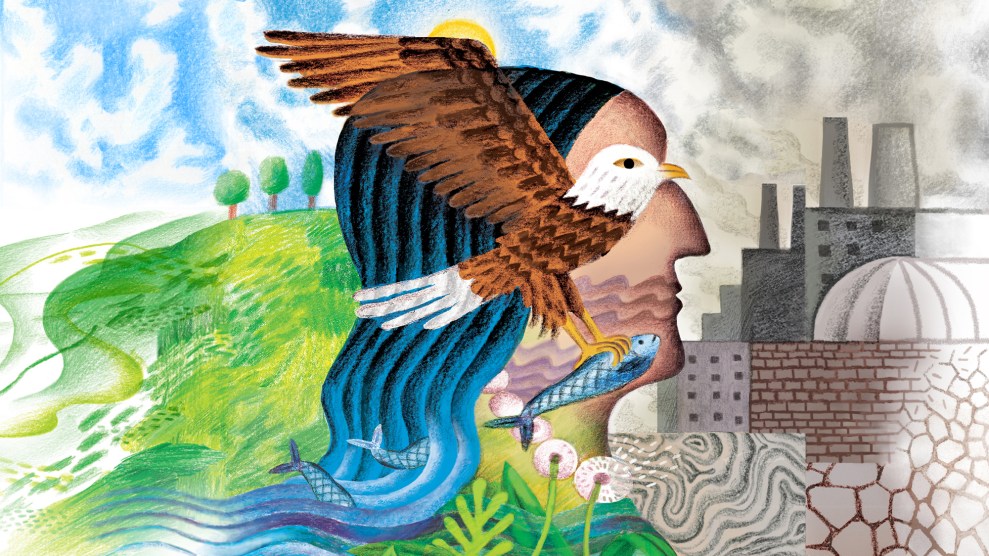 Image of a head overlayed by an eagle grabbing a fish with a background split, to the right industrial buildings and to the left a field with trees.