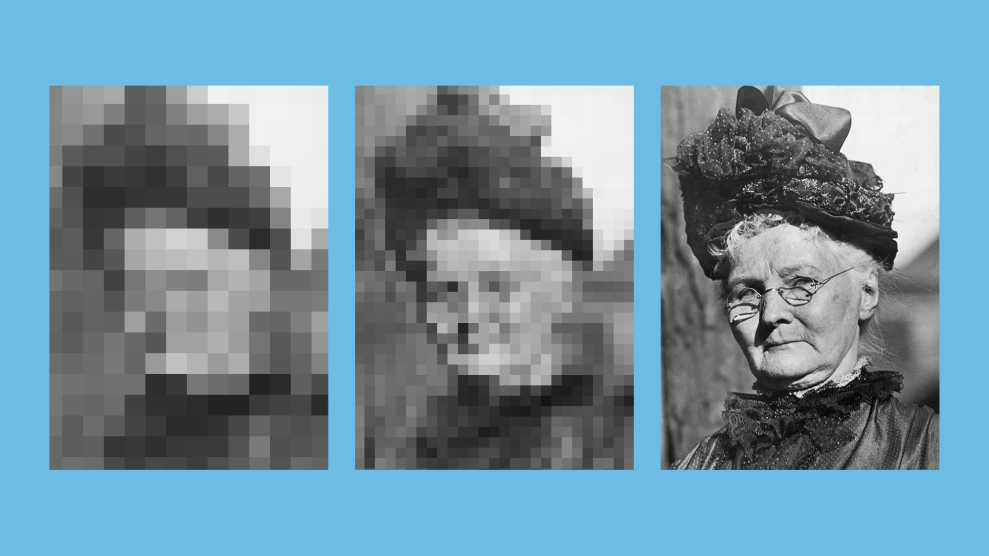 A triptych image of Mary Harris "Mother" Jones wearing glasses and a decorative hat. The left and middle images are pixelated versions, while the right image is a clear black-and-white photograph. The background is light blue.