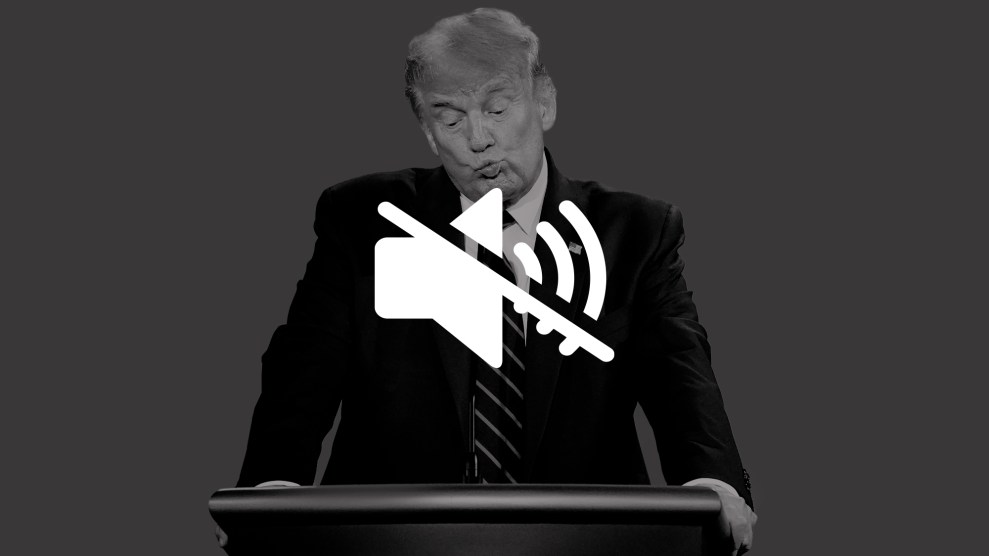 A large mute symbol on top of a photo of Donald J. Trump at a debate podium.