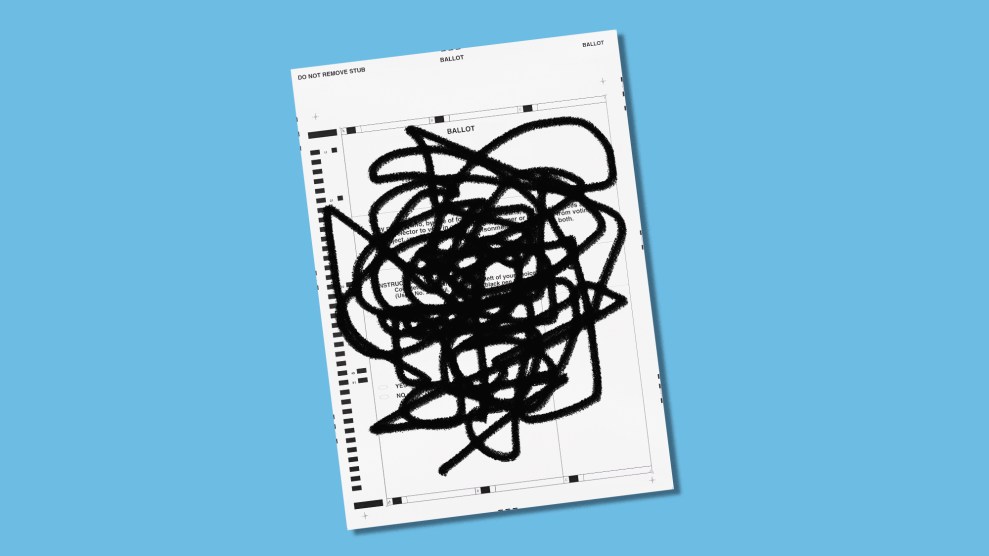 A collage of a white ballot paper on top of a blue background. There is scribbling on top of the ballot
