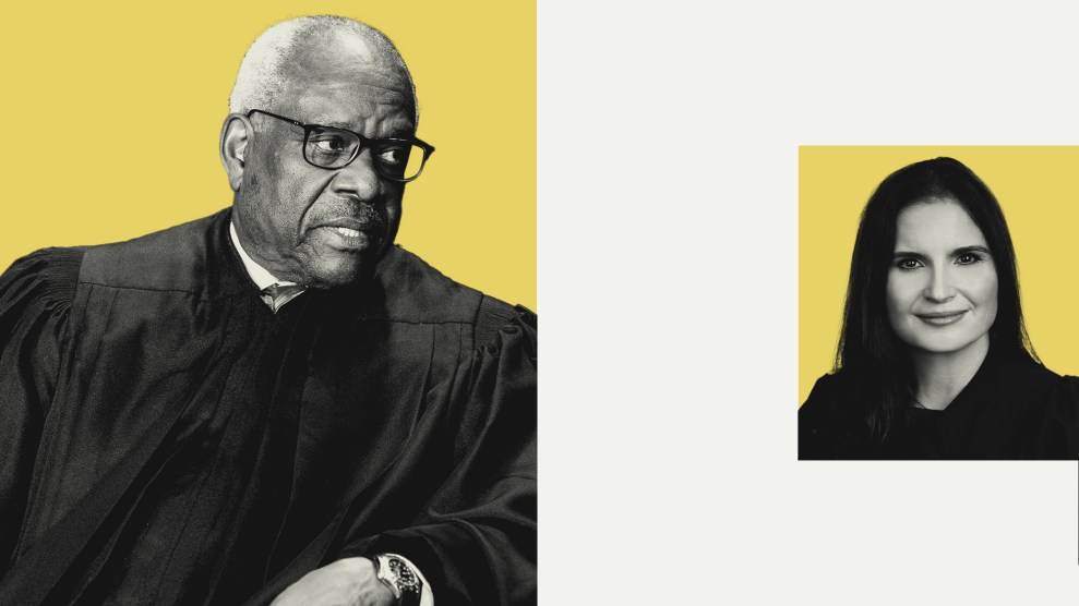 A photo pairing of Supreme Court Justice Clarence Thomas and Federal Judge Aileen Cannon. Thomas Leans toward Cannon, as if he's passing along his thoughts.