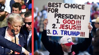 A photo pairing of Donald Trump being assisted by secret Service agents after the shooting on Saturday, July 13, and an image of a man holding a sign that reads, "Best Choice for President: 1. God!!!; 2. Jesus!!!; 3. D. Trump!!!"