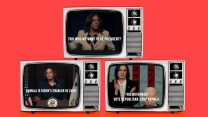 A stack of three 1970s-era televisions with manual dials. On them are three video screengrabs from a Republican-affiliated account on X featuring Vice President Kamala Harris. The screengrab at the top reads "This is who we want to be president?" The screengrab on the lower left reads "Kamala is Biden's enabler in chief." And the screengrab on the bottom right reads "This November: Vote Republican. Stop Kamala."
