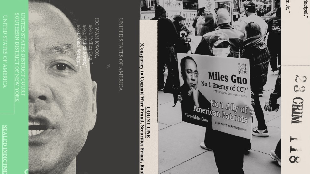 A collage with documents submitted by the prosecution paired with images of Guo Wengui. Also in the composition is a masked person standing on a street corner with a sign. The sign has Guo Wengui’s face and reads “Miles Guo: No. 1 Enemy of CCP* … CCP*: Chinese Communist Party. No. 1 Ally of American Patriots. #FreeMilesGuo. Stop CCP’s Weaponization”