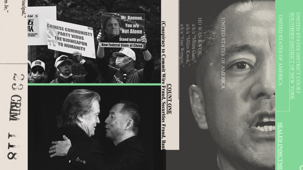 A collage with documents submitted by the prosecution paired with images of Guo Wengui. One image of Wengui is a closely cropped image of his face as he’s talking. Another image is of Wengui embracing Steve Bannon. Another image show supporters of Wengui, one of whom is holding a sign that reads “Mr. Bannon, You are Not Alone. Stand with you. New Federal State of China.”