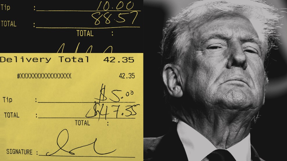 A collage in which Donald Trump appears to sneer at a couple of receipts with tips.