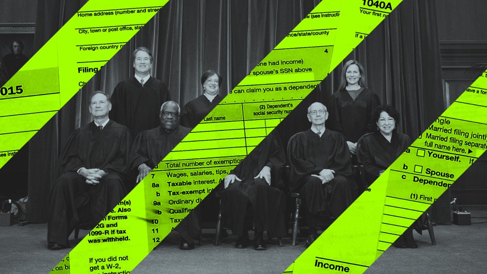 A composite image of the Supreme Court justices and tax documents.