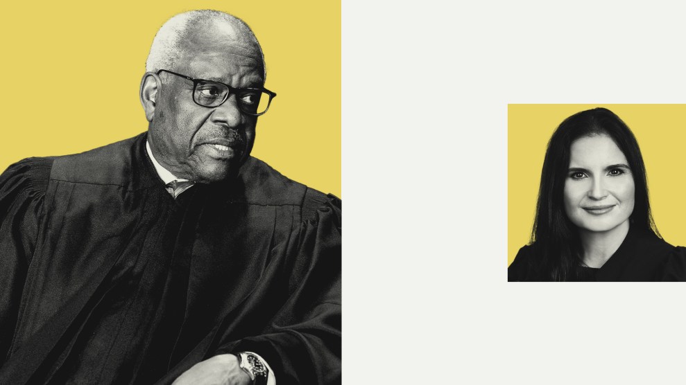 A photo pairing of Supreme Court Justice Clarence Thomas and Federal Judge Aileen Cannon. Thomas Leans toward Cannon, as if he's passing along his thoughts.
