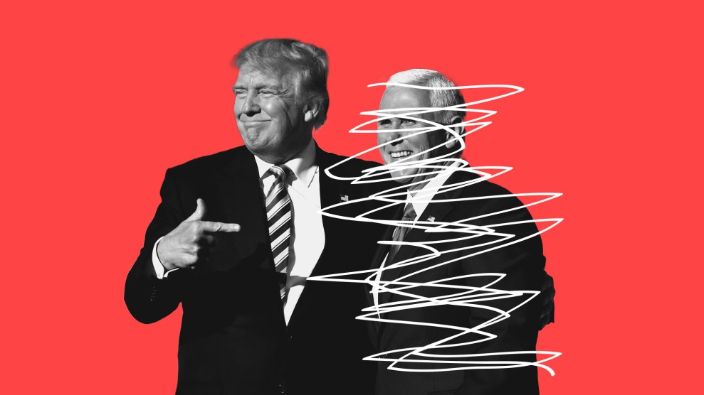 A black-and-white photo of former President Donald Trump and former Vice President Mike Pence against a red background. Trump is smiling and pointing to his left. Pence is also smiling, but his image is partially obscured by white scribbles, suggesting he is being crossed out or erased.