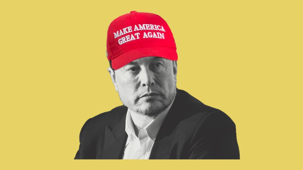 A black-and-white cutout image of Elon Musk wearing a red Make America Great Again cap.