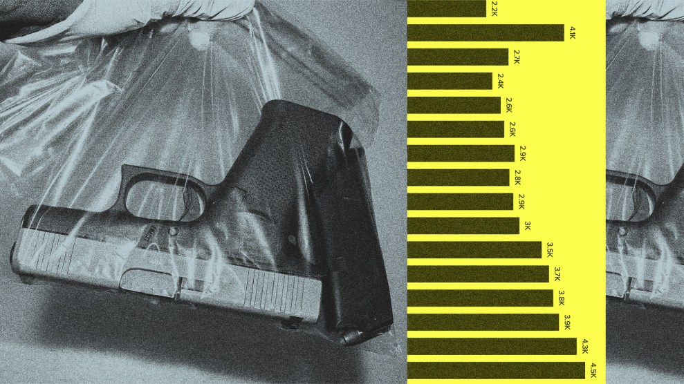 A composite image with two sections: On the left, a gloved hand holds a handgun inside a transparent plastic bag, indicating it is being handled as evidence. On the right, a bar chart with yellow bars against a black background, displaying various numbers in thousands (e.g., 41K, 27K, 26K), suggesting data related to gun statistics. The visual style is gritty and textured, evoking a sense of seriousness.