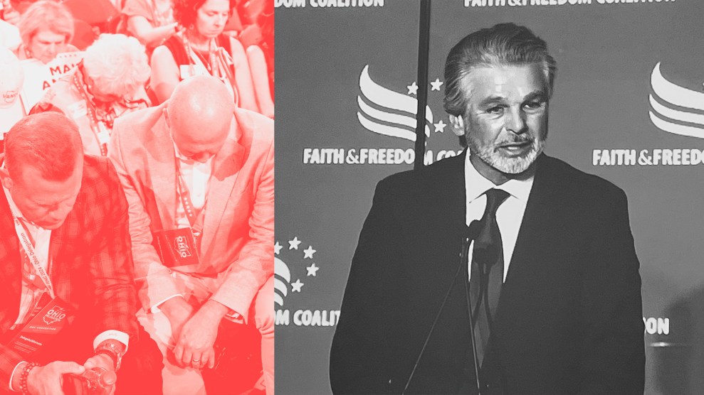 Composite image with two distinct sections: On the left, a group of people, including an elderly woman and a bald man, bow their heads in prayer during an event, their faces solemn and introspective. They wear name tags and are surrounded by others in a similar posture. On the right, a man speaks at a podium with the 'Faith & Freedom Coalition' logo behind him.