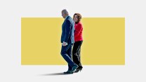 A cutout image of Joe Biden and Nancy Pelosi walking side by side against a solid yellow background. The background is plain white, with a yellow rectangular strip behind them, adding emphasis to their figures.