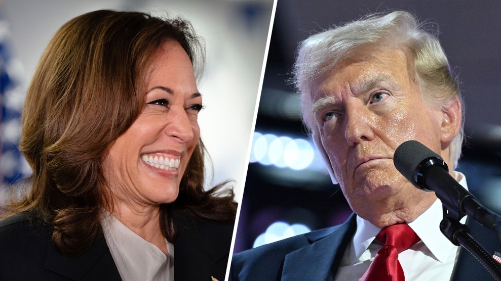 A split-screen image shows Kamala Harris on the left, smiling broadly, and Donald Trump on the right, looking serious.