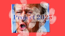 An image of Donald Trump with a close-up of his face, featuring a serious expression. Overlaid on his face is the text 'Project 2025' in large blue and red letters. The background is red, and there are multiple fingerprints of varying sizes and opacity stamped over both the text and Trump's face