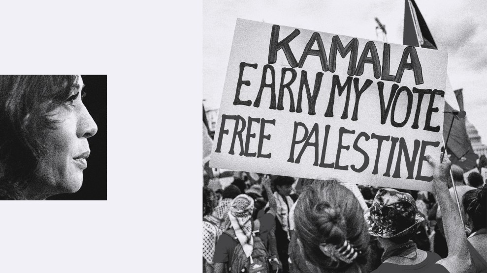 A pairing of monotone images against a pale background with a gap between them. On the left is a close-up of Kamala Harris in profile looking to our right. On the other side of the illustration is the photo of a protest, where people are marching, carrying Palestinian flags, and one young woman is holding a sign that reads: "Kamala Earn My Vote Free Palestine."