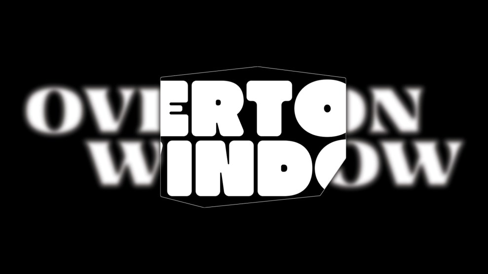 An illustration of the words Overton Window with only its middle letters magnified clearly, and its outermost letters, on the far left and the far right, are out of focus.