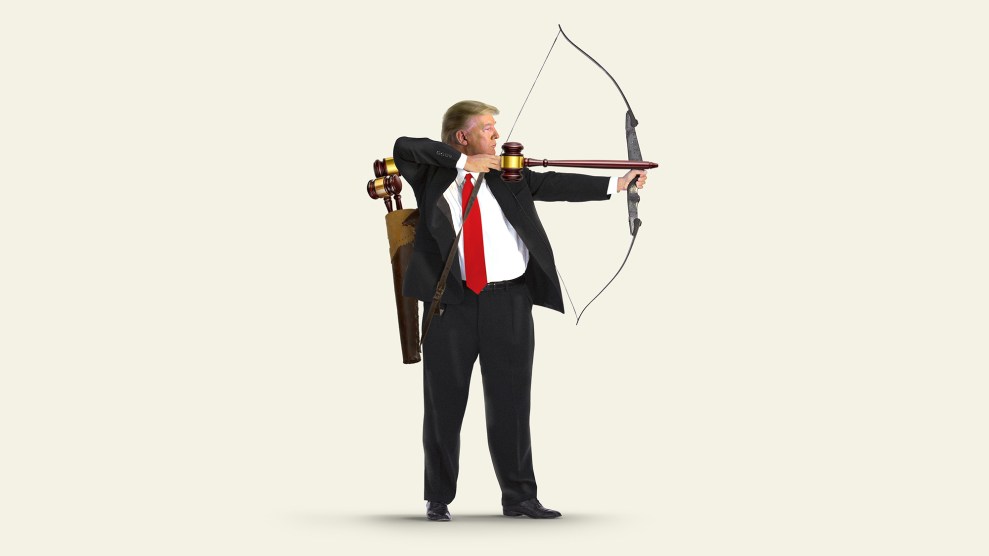 Donald Trump, dressed in a suit with a red tie, is depicted drawing a bow and aiming an arrow. Instead of a regular arrow, he holds a judge's gavel. He carries a quiver on his back, also filled with gavels.