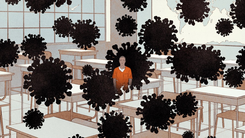 Illustration of an inmate standing in an empty classroom. The scene is punctured by large black COVID-19 virus molecules.