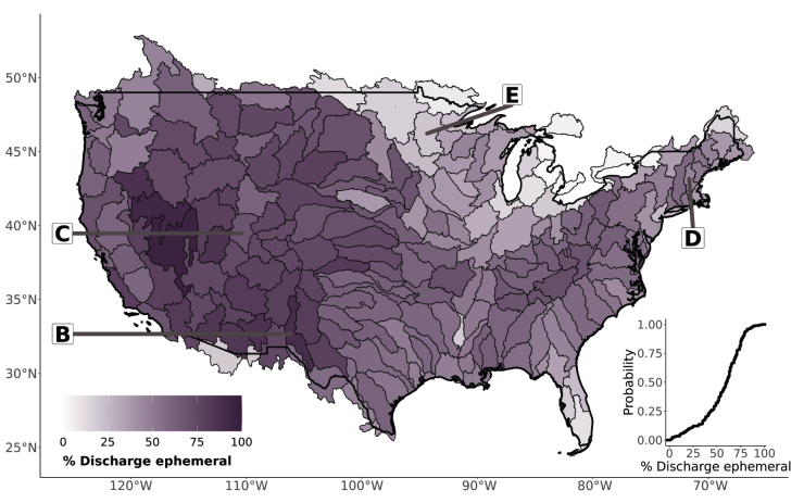 A map of the US, broken into distinct, blobby-segments around watersheds. The segments are noticeably darker on the West, and brighter in the Midwest and Florida.