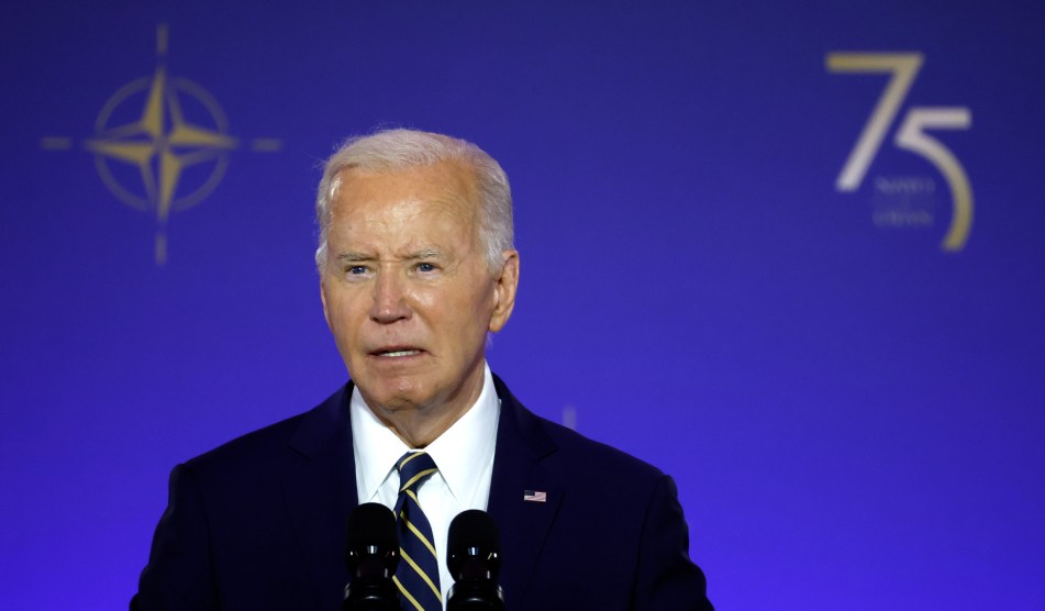 U.S. President Joe Biden delivers remarks during the NATO 75th anniversary celebratory event at the Andrew Mellon Auditorium on July 9, 2024 in Washington, DC.