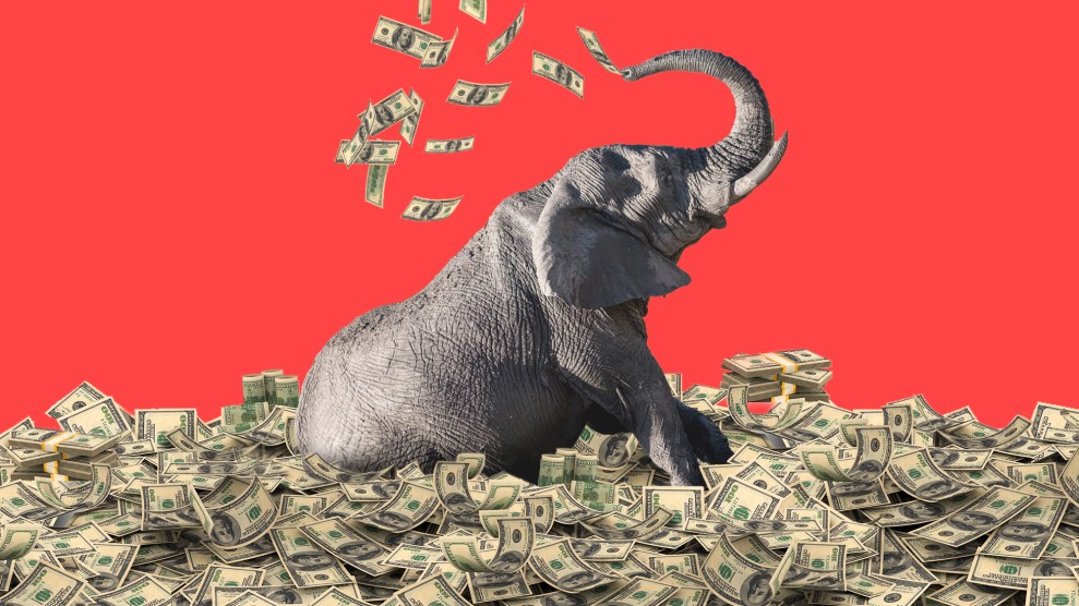 Elephant bathing in a large pile of $100 bills.