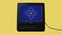 An older model television sits on a yellow background. On the screen is New Federal State of China flag.