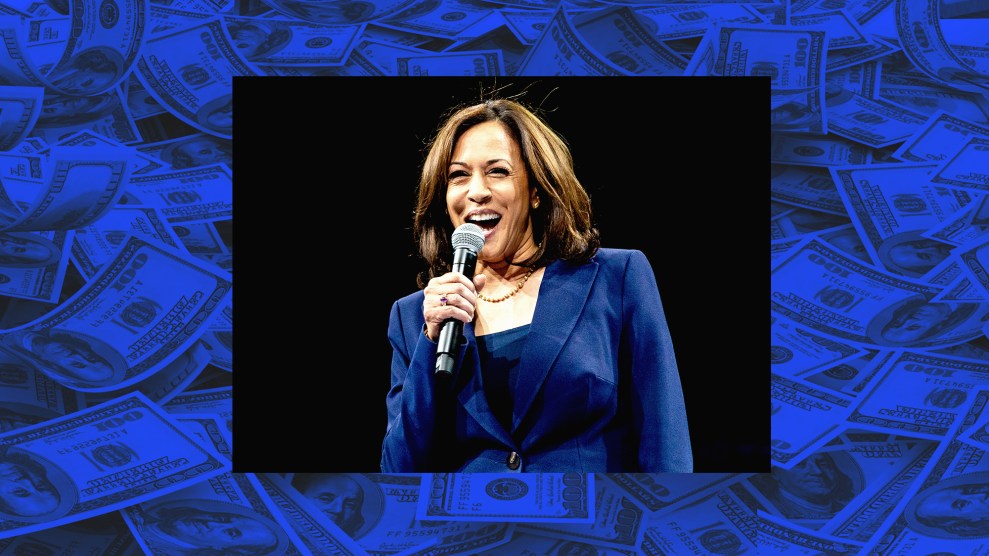 Image of Vice President Kamala Harris overlaid on a blue tinted background of 100 dollar bills.