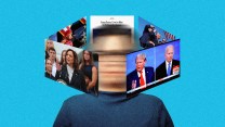 A person with a blurred face is shown with various news images spinning around their head against a bright blue background. The images include Kamala Harris speaking at a podium, a CNN presidential debate screen showing Joe Biden and Donald Trump, an article headline that reads 'George Clooney: I Love Joe Biden. But We Need a New Nominee,' a close-up of Hulk Hogan speaking at a microphone, and Donald Trump with his fist in the air after a gunman attempted to assassinate him.