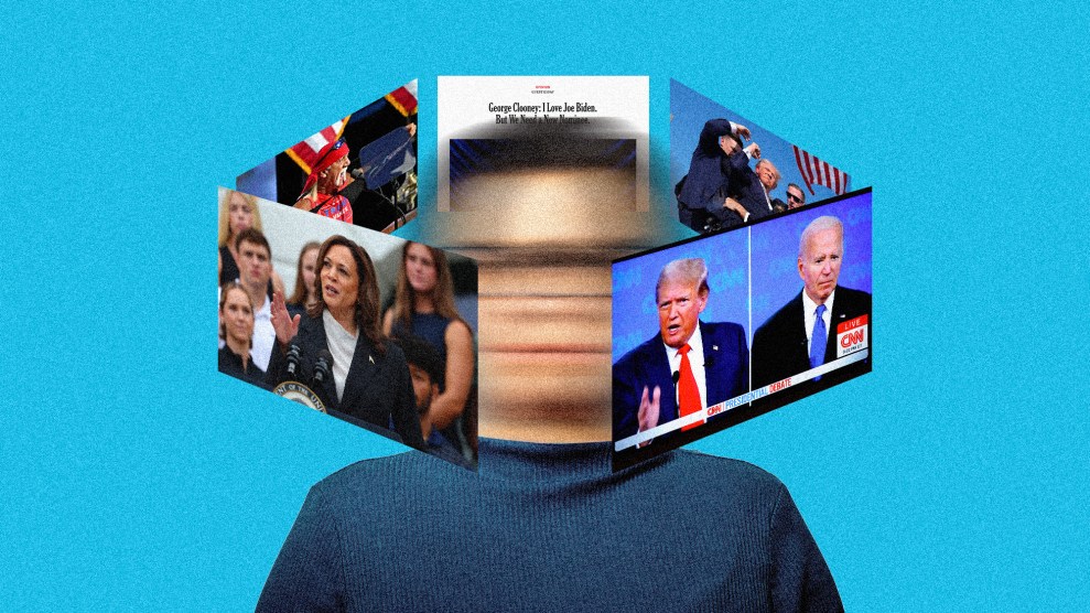 A person with a blurred face is shown with various news images spinning around their head against a bright blue background. The images include Kamala Harris speaking at a podium, a CNN presidential debate screen showing Joe Biden and Donald Trump, an article headline that reads 'George Clooney: I Love Joe Biden. But We Need a New Nominee,' a close-up of Hulk Hogan speaking at a microphone, and Donald Trump with his fist in the air after a gunman attempted to assassinate him.