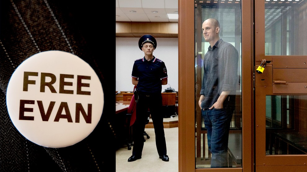 A diptych of two images. The photo on the left shows a pin on the lapel of a reporter's jacket that reads 'Free Evan." In the image on the right, Evan Gershkovich is seen inside a locked cage of metal and glass in court in Russia.