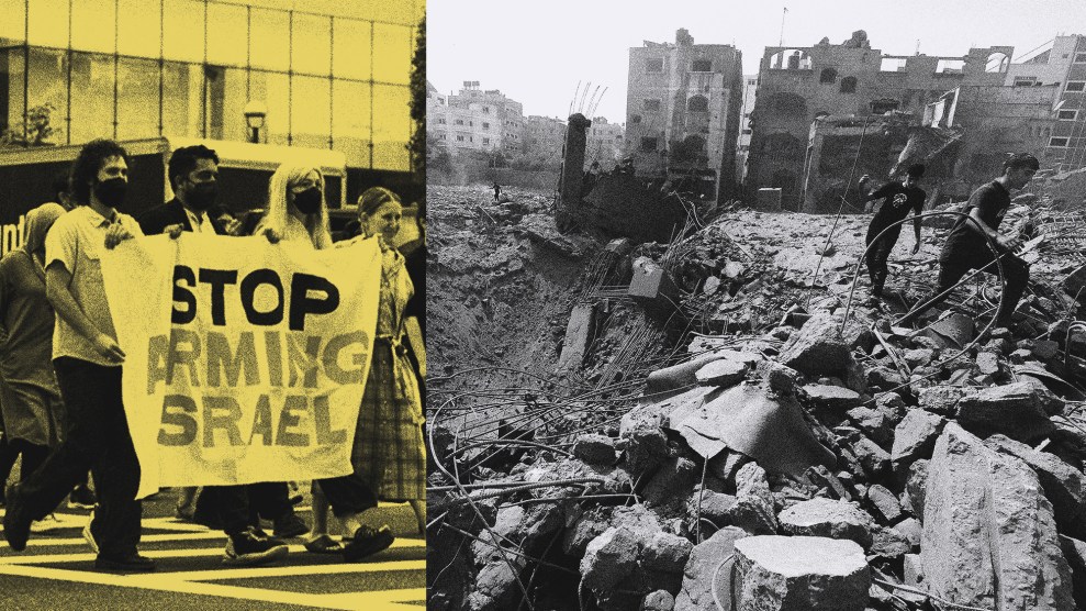 A photo pairing, where the photograph on the left features protestors walking with a sign the width of four people that reads "Stop Arming Israel'. The photograph on the right shows Palestinians walking past a huge bomb crater following an Israeli airstrike on the Sousi mosque in Gaza City.