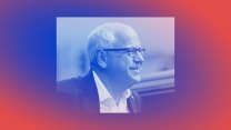 A stylized image of Minnesotaa Governor Tim Walz against a red and blue gradient background