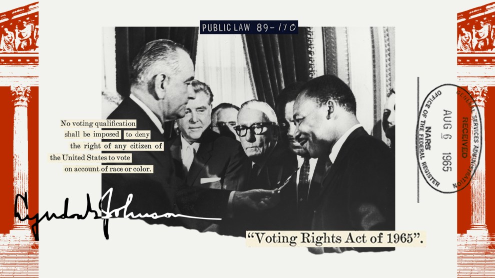 A collage that centers US President Lyndon B Johnson handing a pen to civil rights leader Reverend Martin Luther King Jr during the the signing of the voting rights act. The collage contains snippets of The Voting Rights Act, including the August 6, 1965 stamp of the General Services Administration. The image of Johnson and King is torn at the bottom and sliver of Supreme Court Building in red frames the collage on the left and right sides.