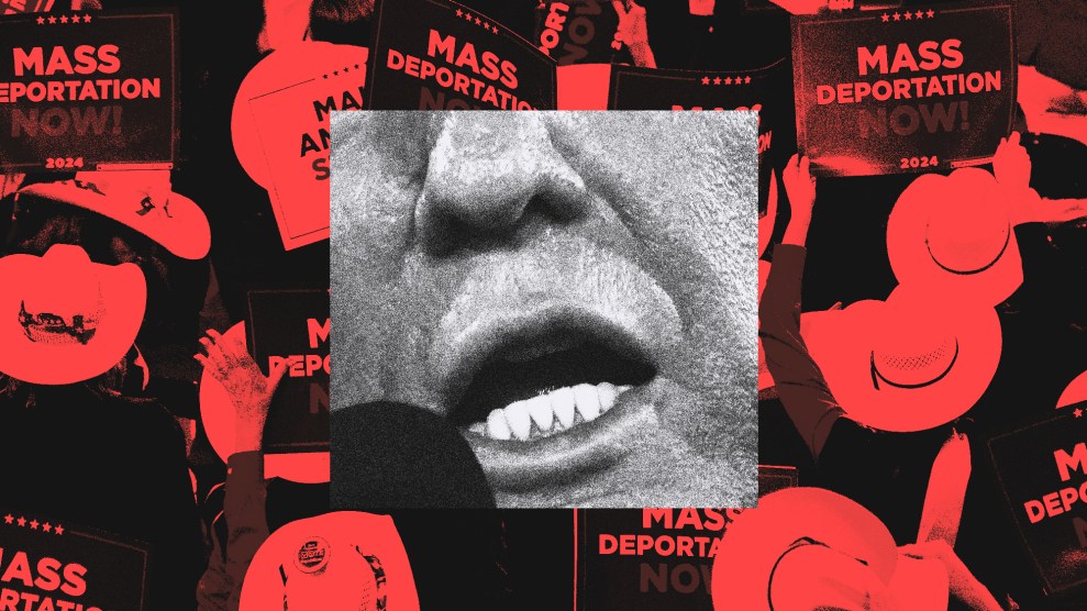 A small square photo of the mouth of Donald Trump speaking into a microphone layered over a larger photo that shows attendees of the Republican National Convention holding up signs that read "Mass Deporation Now!"