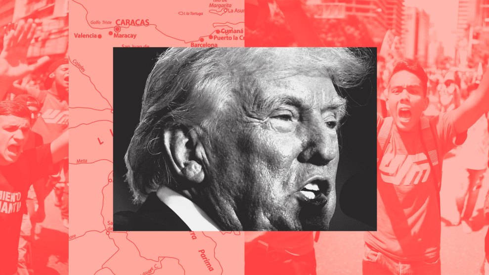 A graphic composition shows a black-and-white close-up of Donald Trump speaking, superimposed on a red-tinted background. The background features a partial map of Venezuela, highlighting cities like Caracas and Valencia, and a group of young protesters with raised fists and angry expressions.