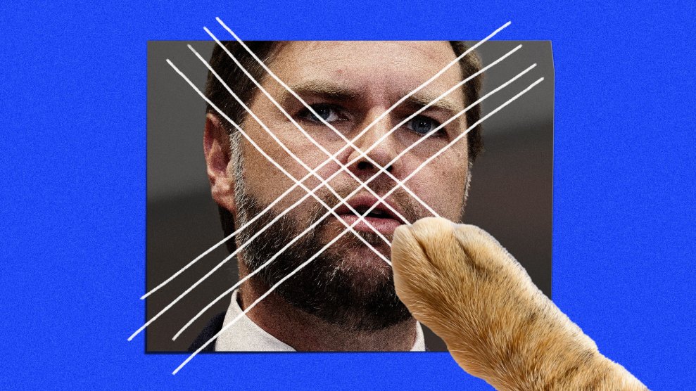 A cat's paw scratching a photo of JD Vance's face