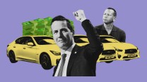 A collage of Bernie Moreno giving a fist pump in front of a fleet of yellow Infiniti cars and a stack of money. Alex Rodriguez looks at the cash ruefully.