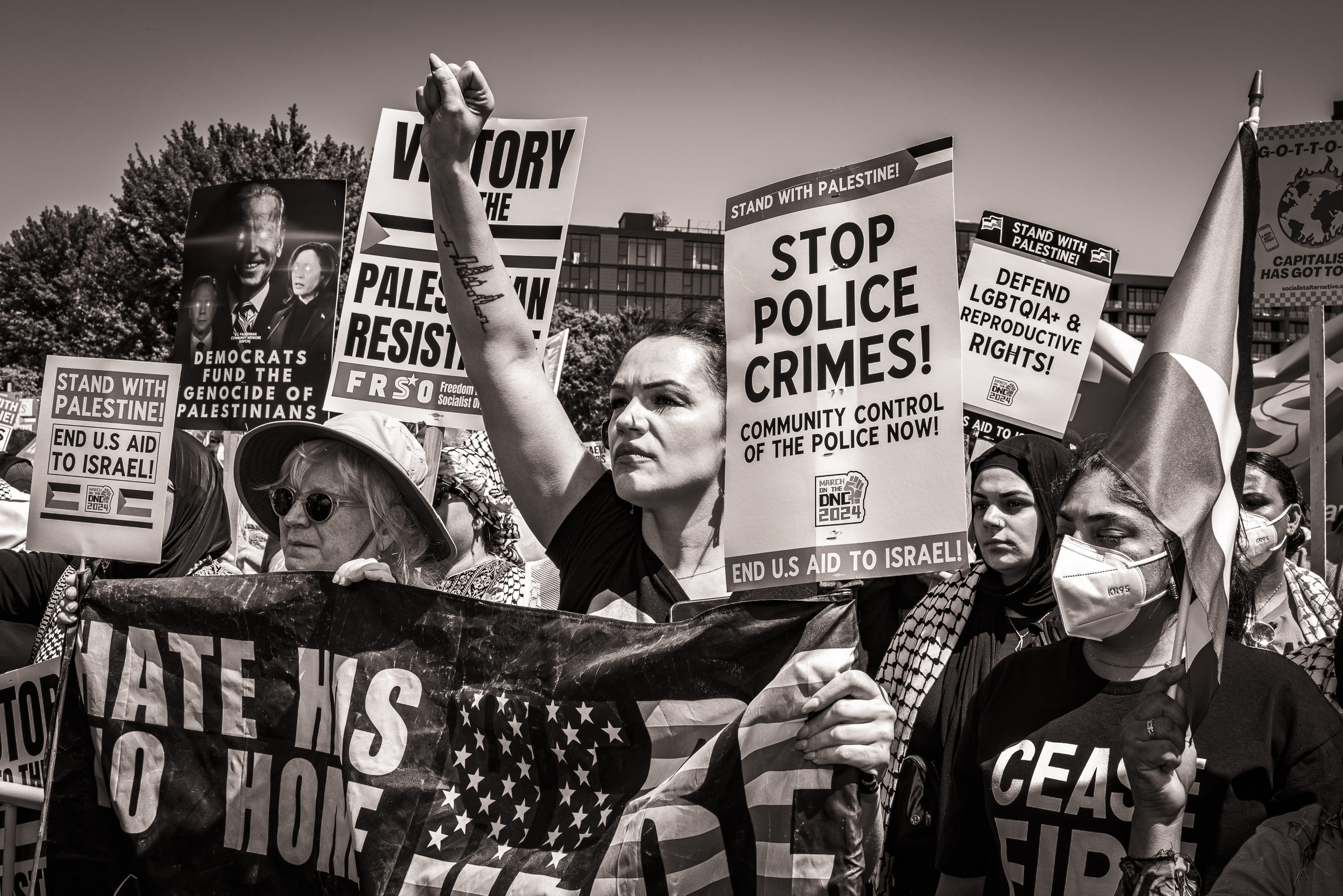 Black and white photo of a line of protesters, with a person raising their fist.